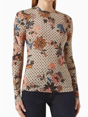 Ulla Johnson Beige Floral Long-Sleeve Crewneck Top with Blue and Pink Accents